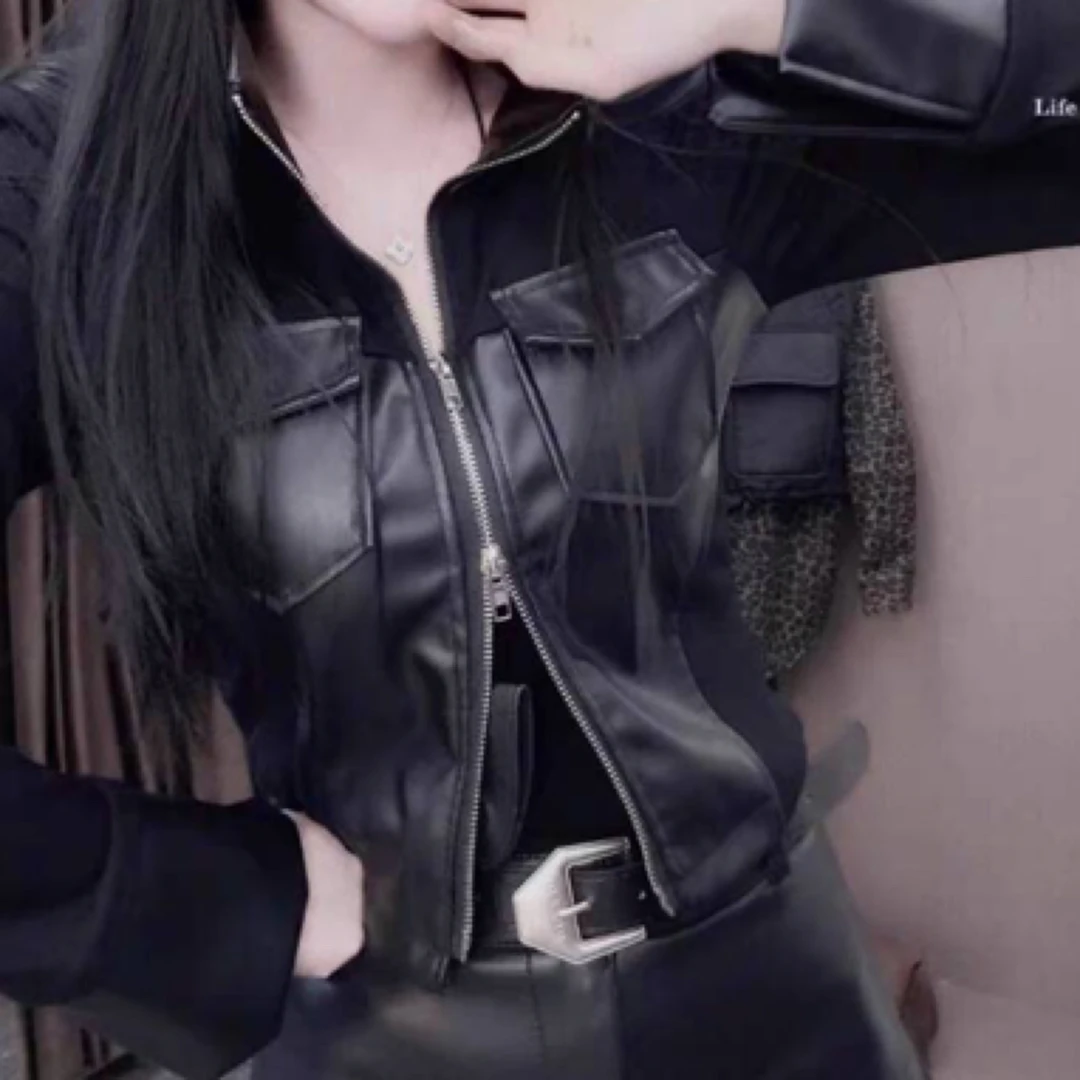 网红爆款时尚拼接衬衫女秋冬新款韩系设计感双拉链长袖开衫潮155