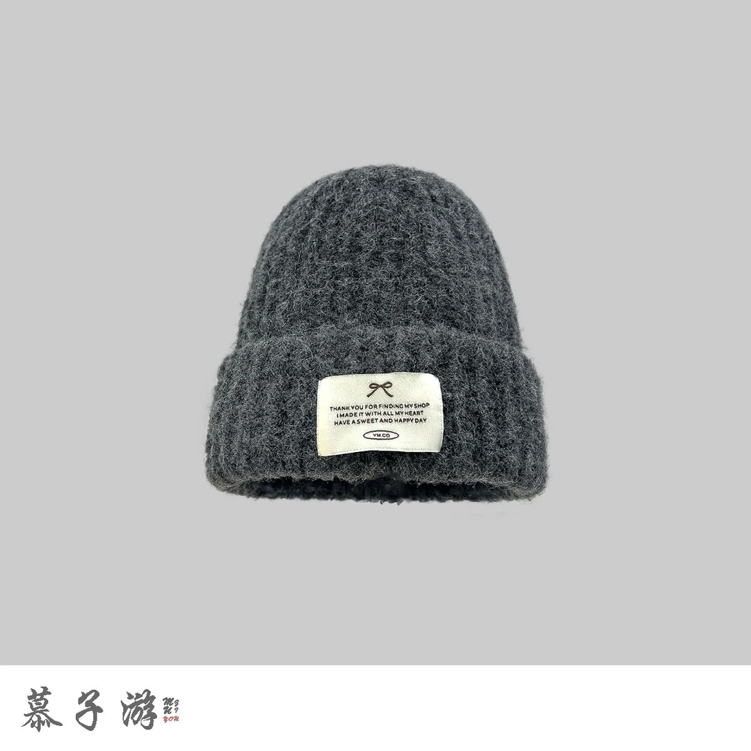 原创新款羊毛混纺冷帽蝴蝶结减龄百搭粗线针织帽子女冬季大头围男