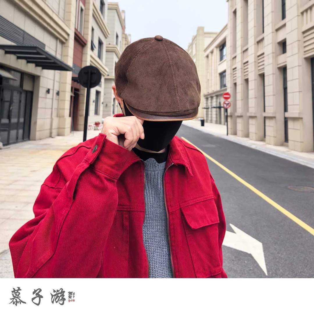 英伦灯芯绒鸭舌前进帽八角帽子2025新款秋冬季贝雷帽复古时尚百搭