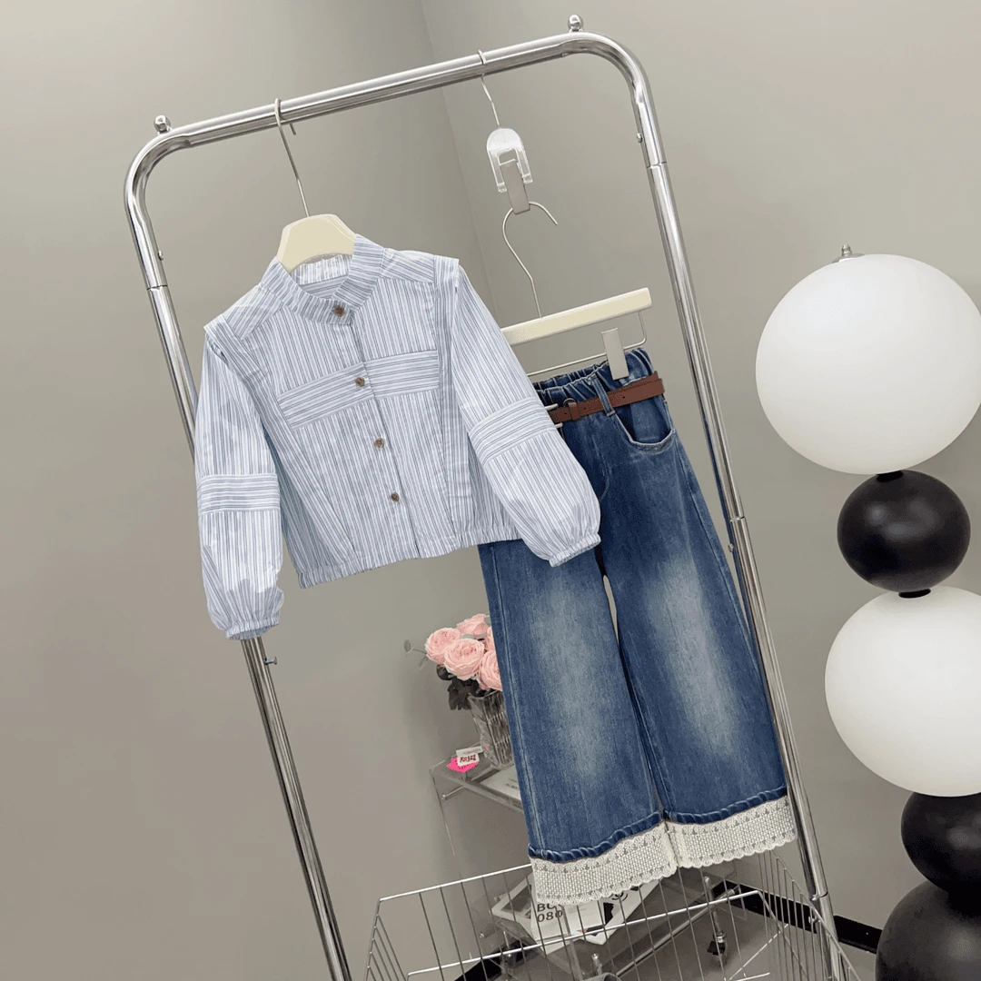 2024秋季新款时尚休闲运动条纹立领短款衬衫+牛仔裤子女童气质