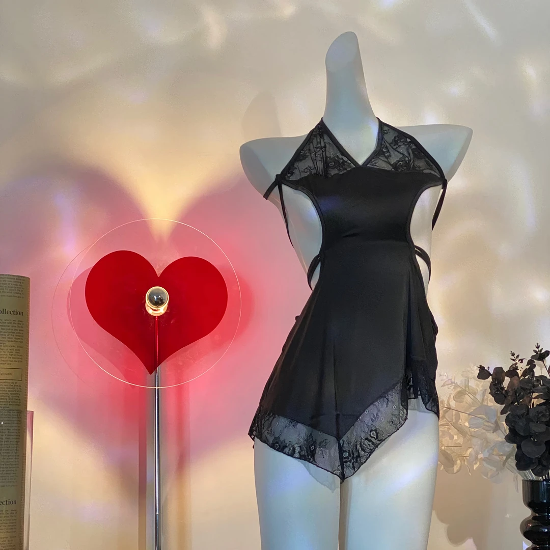 性感蕾丝轻奢挂脖式水滴纯欲风居家制服气质露腰显瘦睡裙法式