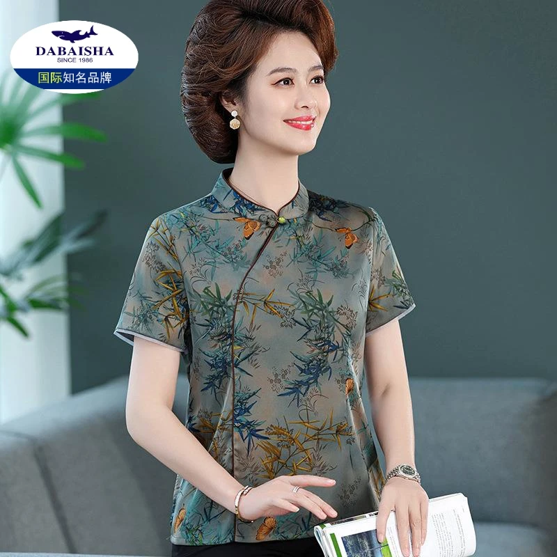 新款印花妈妈装上衣中老年女装立领复古龄时尚休闲t恤衣服