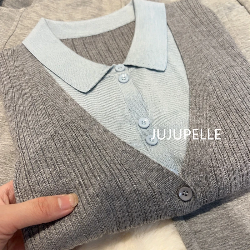 2025春季新款洋气衬衫领开衫假两件针织衫打底衫女款宽松显瘦毛衣