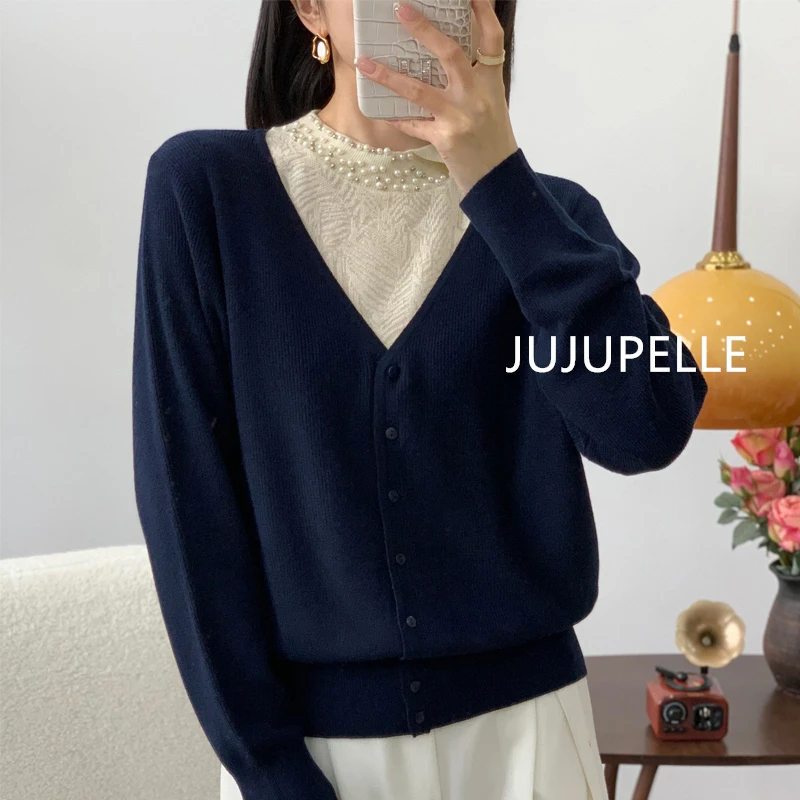 2024秋季新款洋气半高领开衫假两件针织衫打底衫女款宽松显瘦毛衣