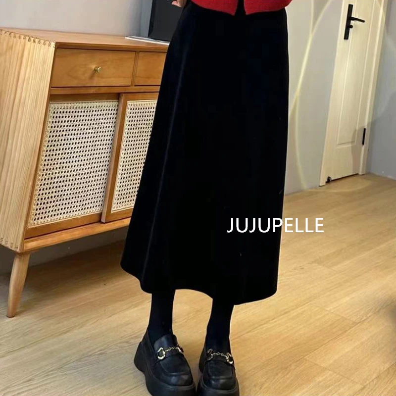 【丝绒裙】2024年冬百搭时尚中高腰A字中长款显瘦丝绒加绒半身裙