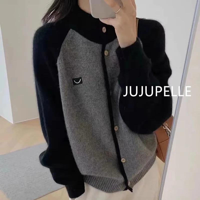 2025春季新款竖领插肩袖撞色针织衫外套女款宽松显瘦减龄毛衣开衫