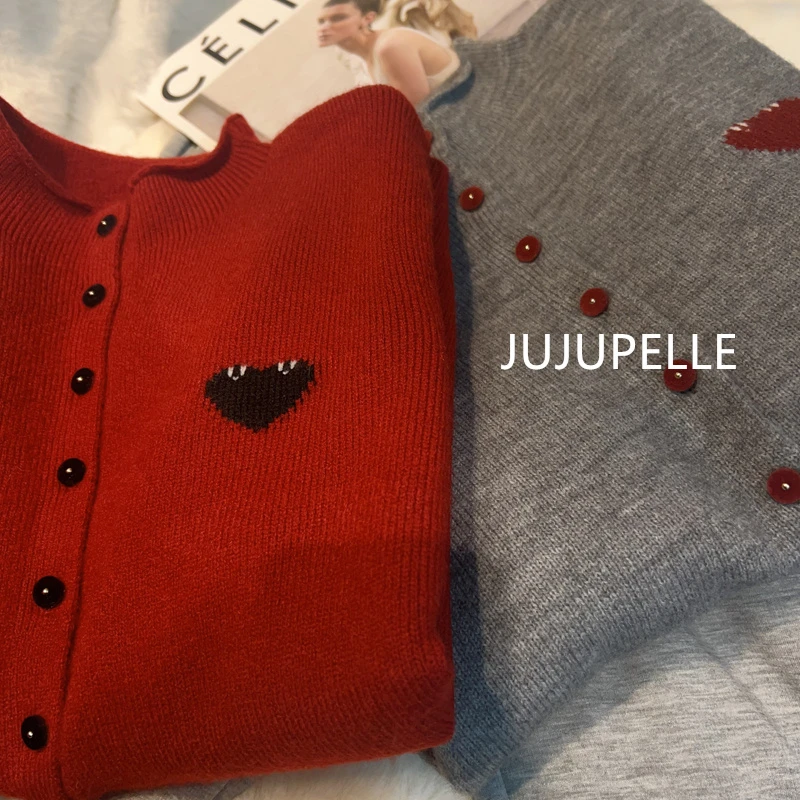 新年战袍！~红色过年毛衣新款爱心半高领开衫针织衫秋冬百搭纯色女