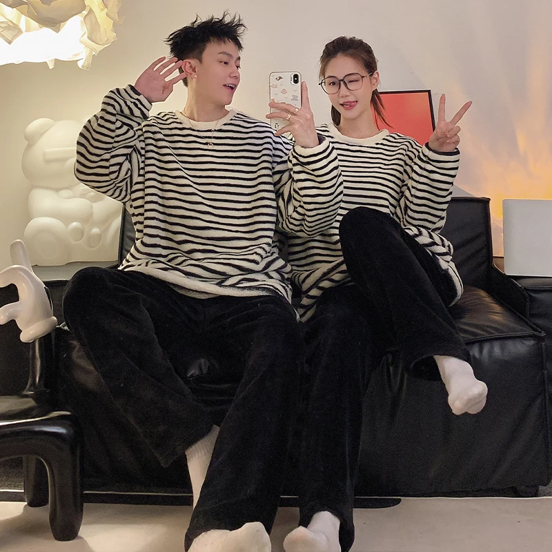 2024新款男士睡衣套装秋冬季天加绒加厚珊瑚绒大码毛绒家居服条纹