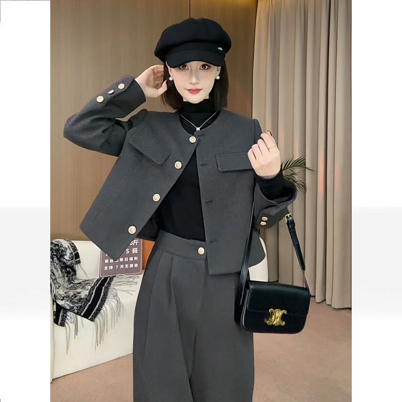 2024一整套秋冬穿搭时尚加厚外套上衣套装女高腰阔腿裤两件套