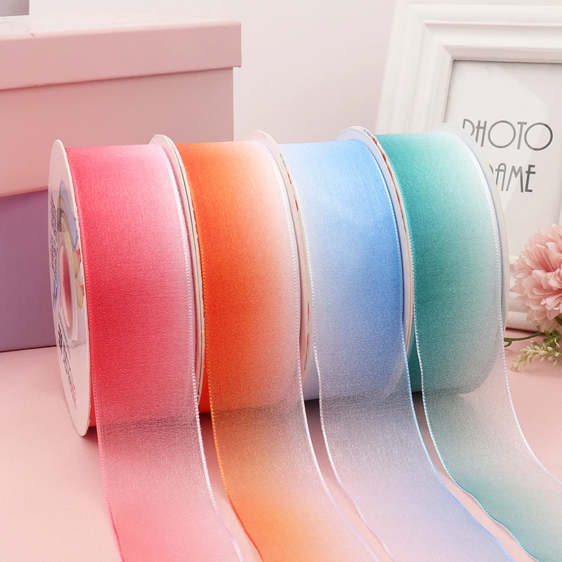 双色渐变珍珠纱 彩虹渐变纱彩带 手工DIY发饰蝴蝶结鲜花包装织带