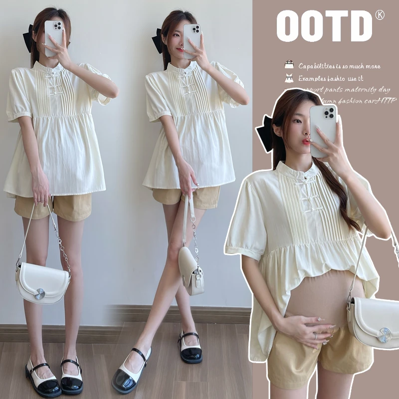 夏季孕妇圆领宽松衬衫大码休闲褶皱上衣国简约中国风甜美娃娃衫