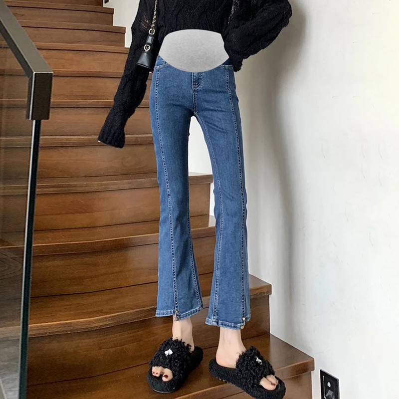 孕妇装春秋韩版牛仔裤托腹裤洋气开叉微喇叭弹力高腰可调节托腹裤