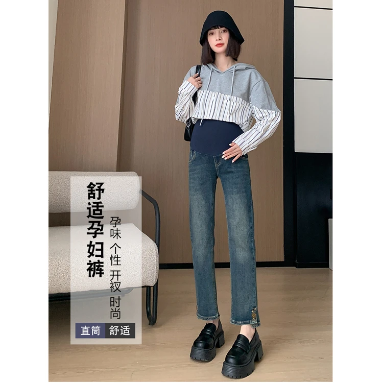 春秋孕妇烟管牛仔裤外穿高腰托腹裤潮妈个性开叉裤脚休闲孕妇裤