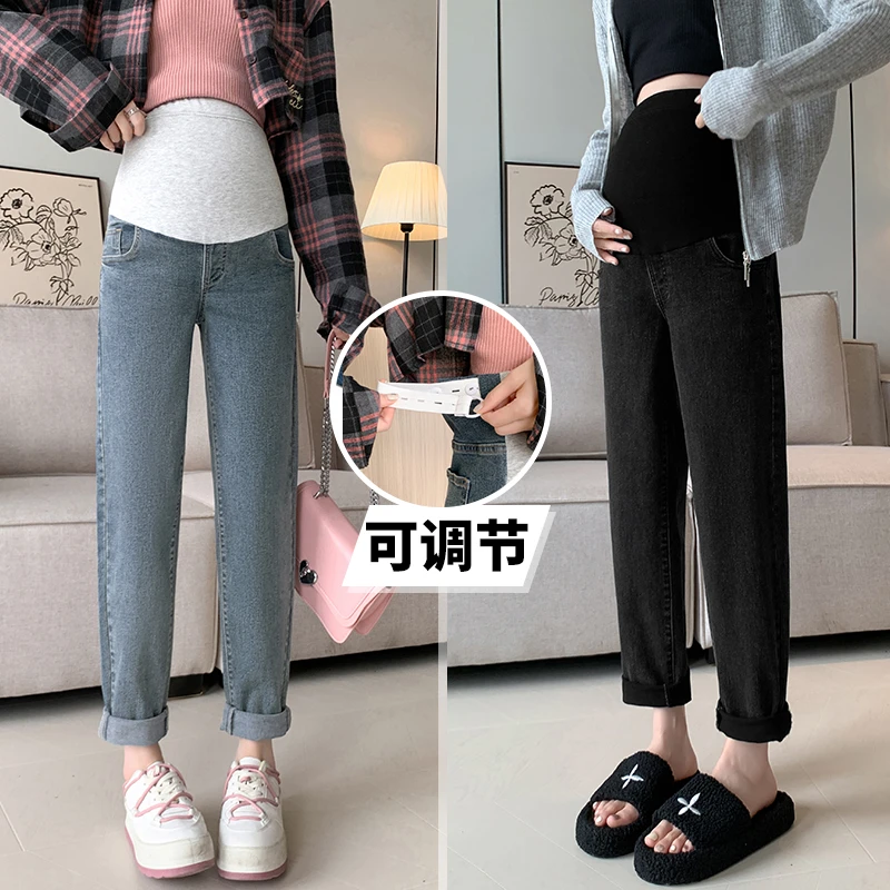 孕妇弹力秋季新款牛仔裤高腰遮肚托腹裤宽松显瘦老爹裤孕妇装长裤