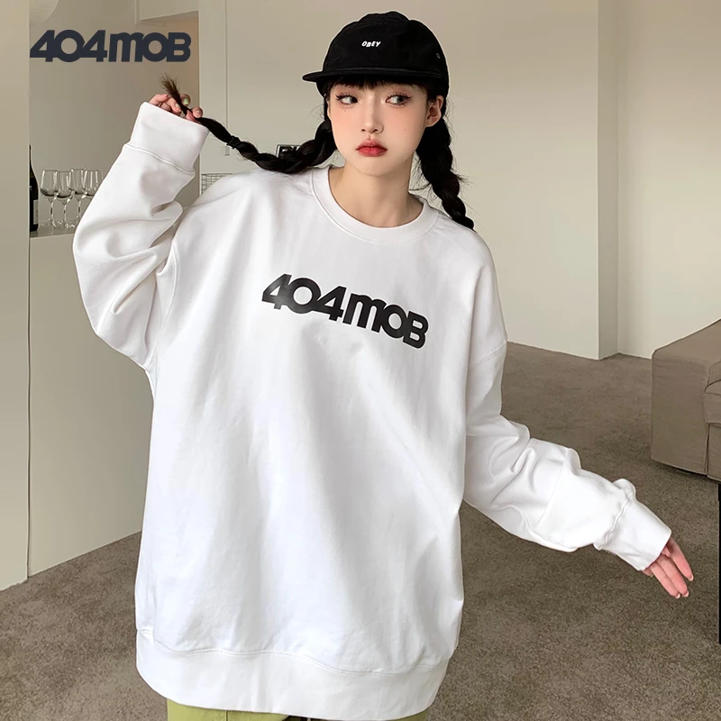 404MOB 休闲ins慵懒春秋学生长袖百搭宽松圆领韩版压花卫衣秋季