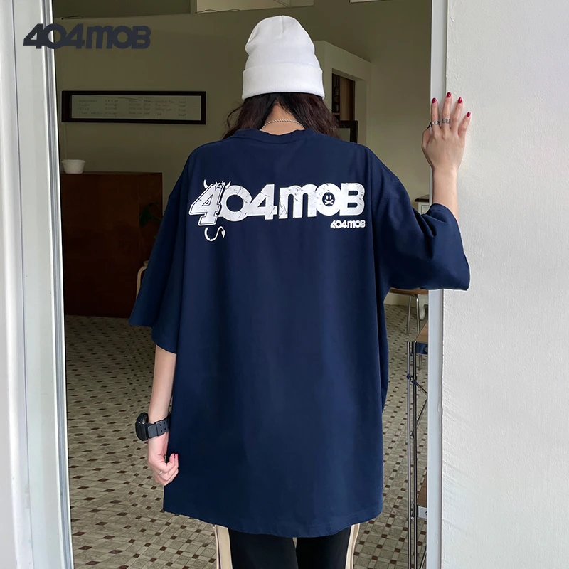 404MOB夏季嘻哈短袖T恤男纯棉潮流宽松牛角破洞设计印花体恤短袖