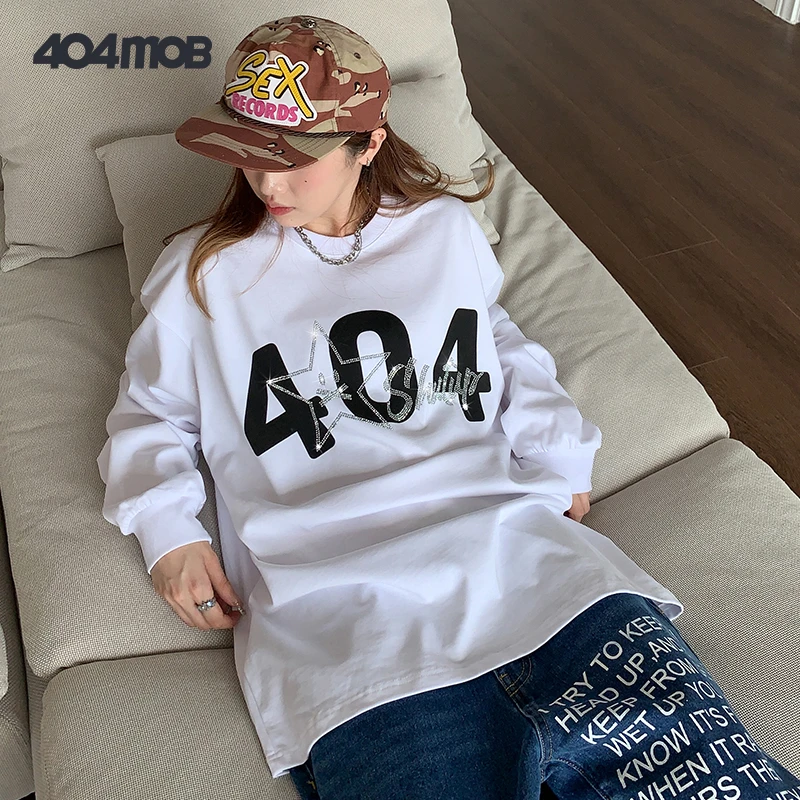 404MOB 秋冬季新款白色圆领印花烫钻长袖宽松百搭休闲潮流T恤