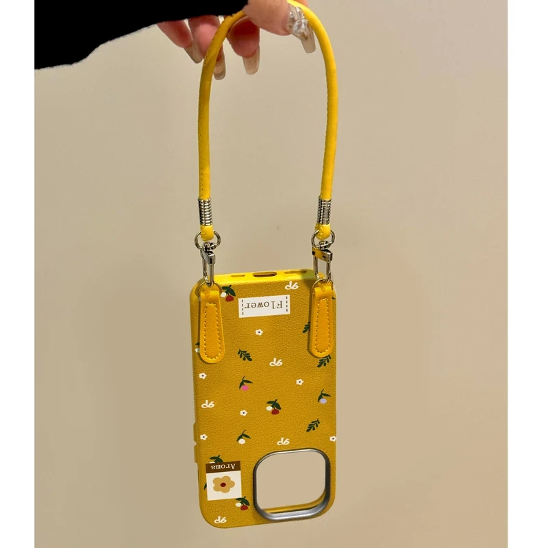 秋冬皮纹黄碎花适用于苹果16promax/iPhone15/14/13/12/11手机壳