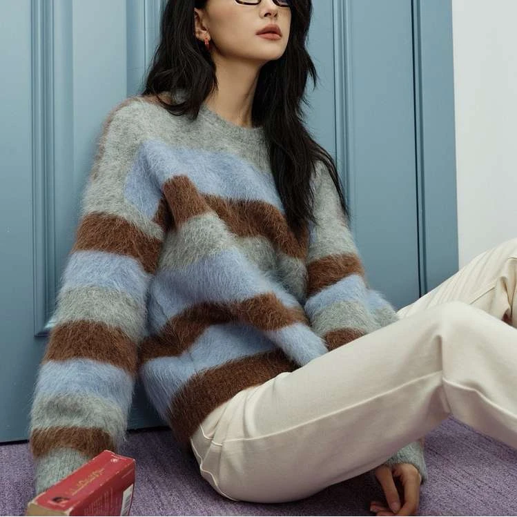 ZY501高比例羊驼毛复古高街配色条纹慵懒休闲套头毛衣女冬