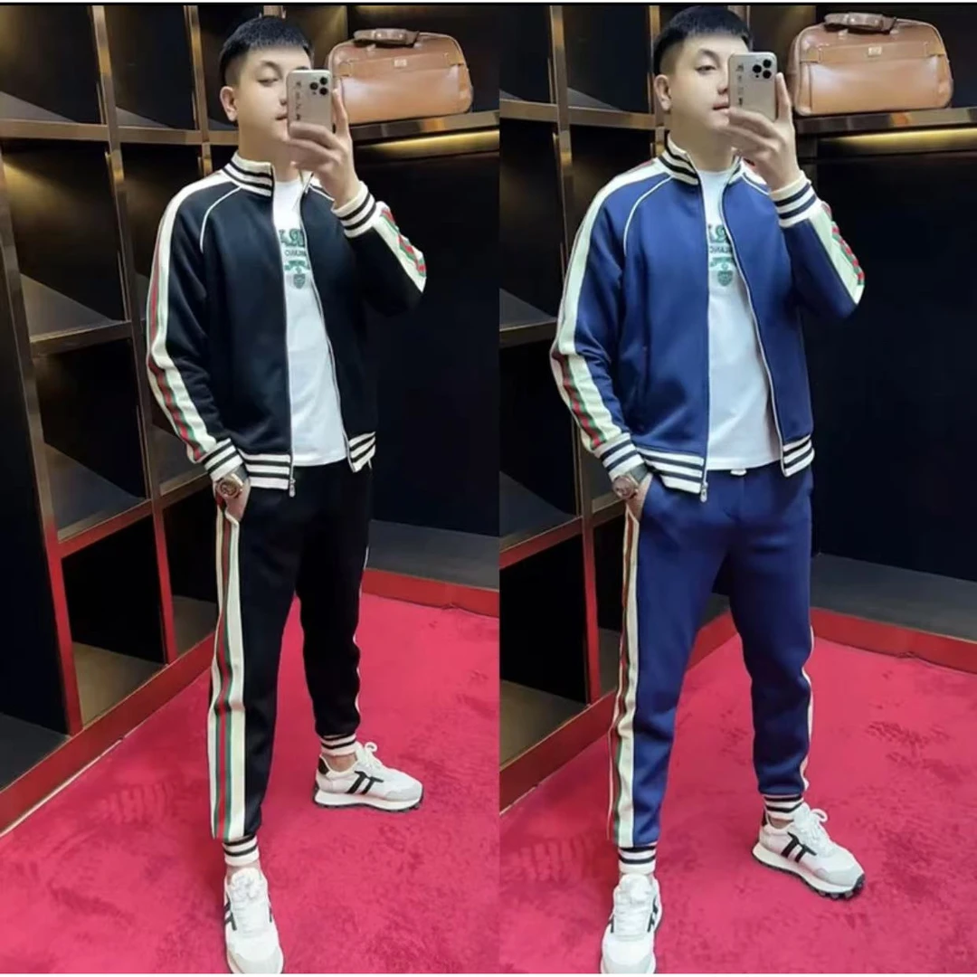 2025春季新款男士时尚潮流条纹拼接立领休闲运动套装情侣款两件套