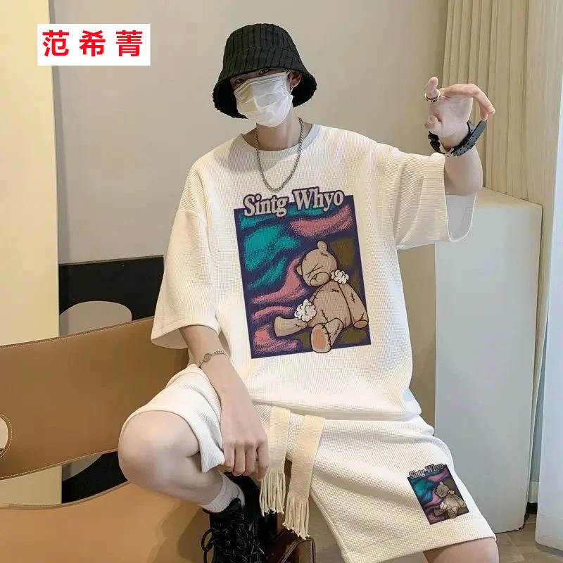 华夫格套装男夏季潮小熊设计感t恤短袖短裤休闲运动痞帅一套12