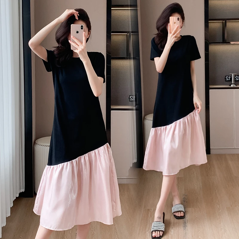 高端不规则撞色拼接荷叶边连衣裙宽松时尚透气显瘦圆领T恤长裙女