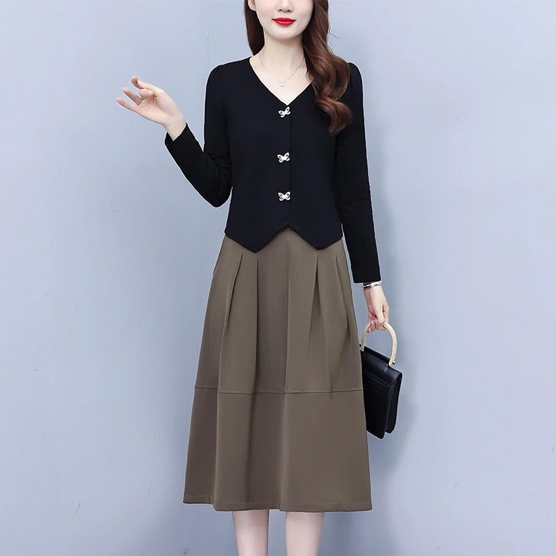 高端时尚2024秋季新款时尚两件套韩版修身显瘦遮肉码连衣裙女装