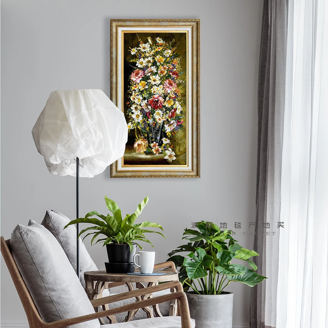 美式风伊朗手工编织波斯挂毯客厅餐厅玄关桑蚕丝羊毛花卉挂毯F197