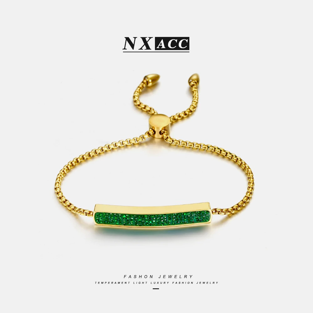 钛钢手链 X-1072抽拉可调绿色微镶几何弧形手链女ins轻奢百搭首饰