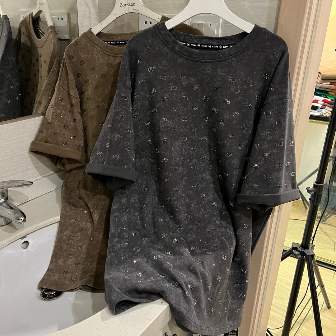 烫钻字母休闲百搭宽松水洗重工磨毛短袖T恤女【E11-49