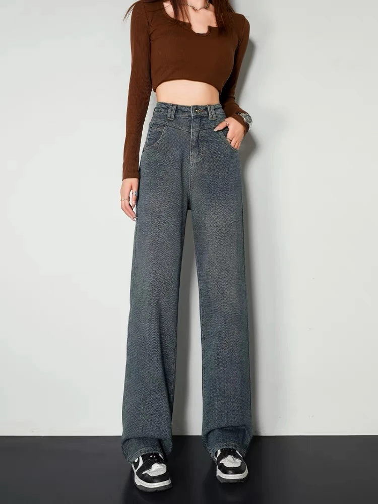 蜗牛家档口新款百搭气质款加绒加厚美式复古阔腿牛仔裤5170