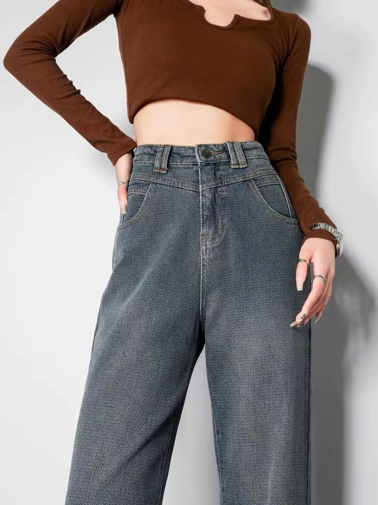 蜗牛家冬季百搭复古美式水洗柔软宽松直筒显瘦加绒加厚牛仔裤5170