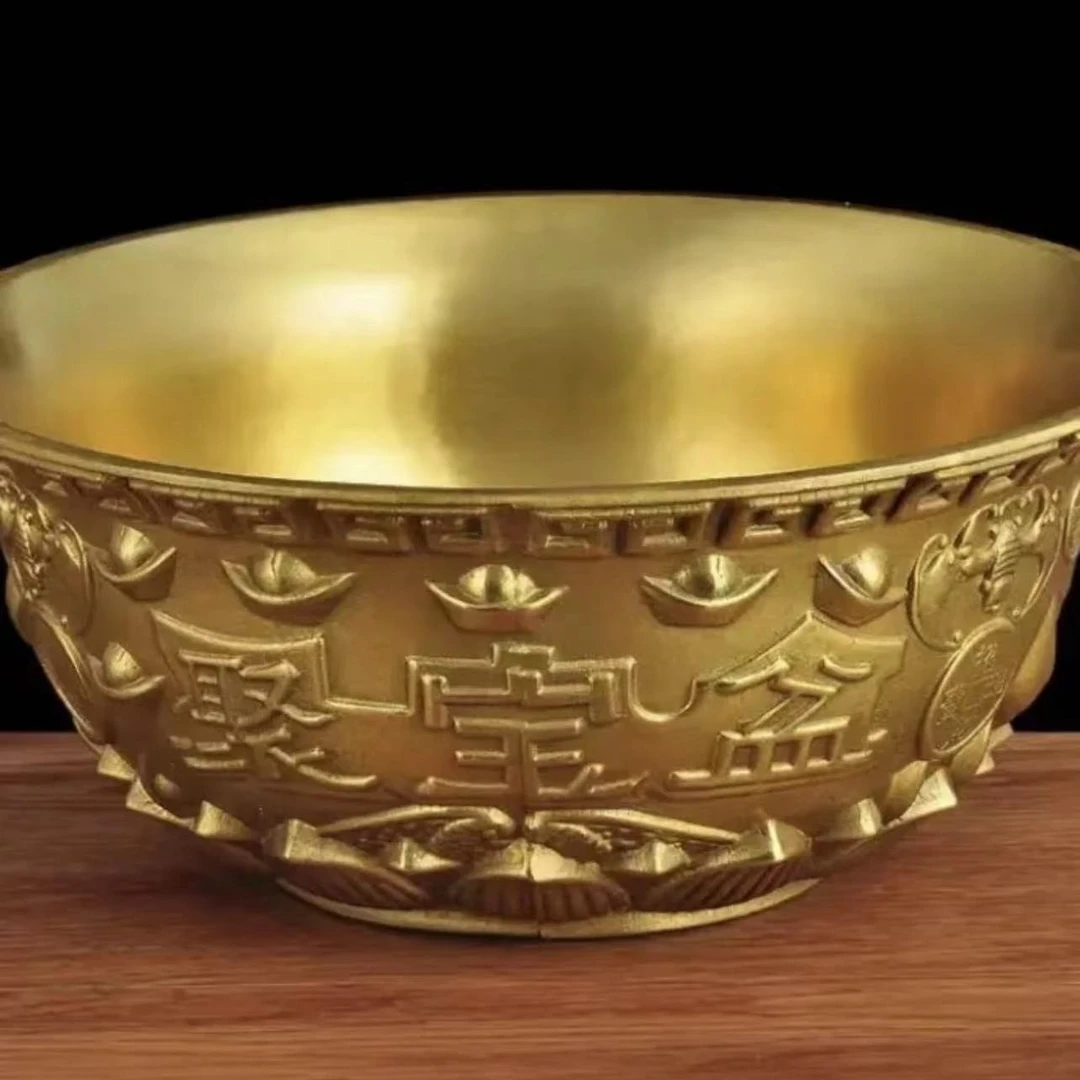 黄铜金色聚宝盆碗工艺品摆件居家客厅办公室开业桌面黄铜摆件