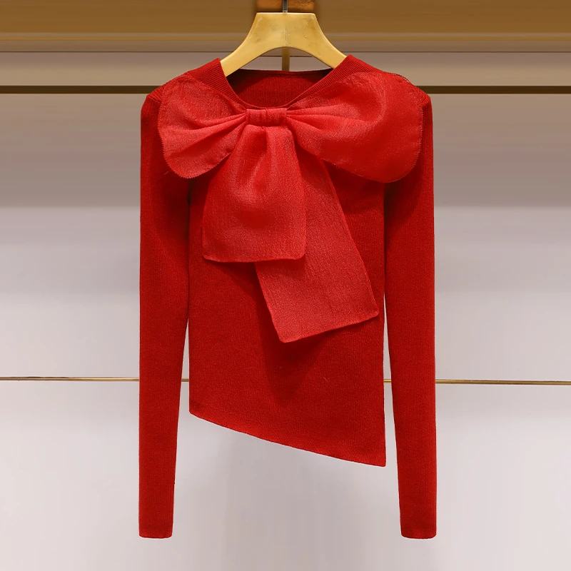 蝴蝶结针织衫2024秋季新款不规则设计感显瘦红色打底针织衫毛衣女