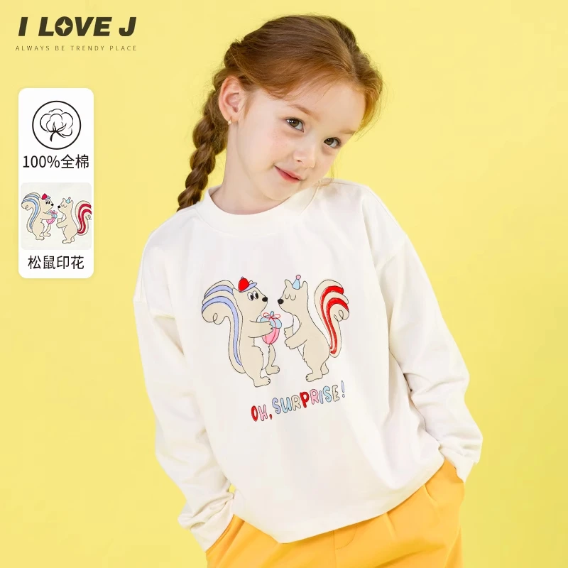 ILOVEJ童装2024秋季新款女童长袖T恤松鼠韩版宽松上衣JWFTO26