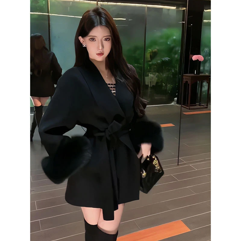 绑带毛毛袖法式赫本风毛呢外套女秋冬呢子气质高级感显双面呢大衣