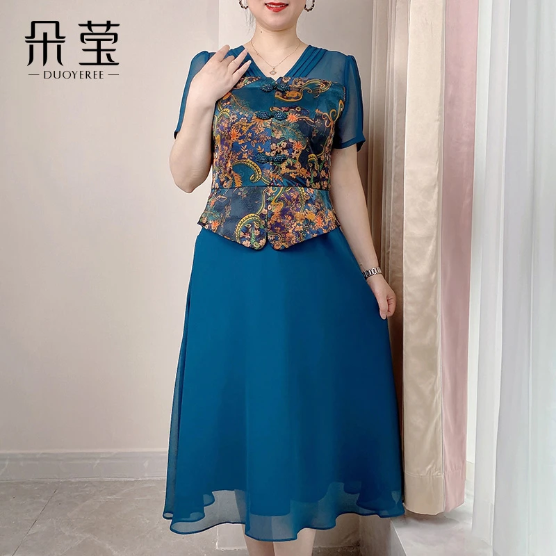 SL中年妈妈夏装国风假两件连衣裙2024新款中老年女短袖长裙J22A67