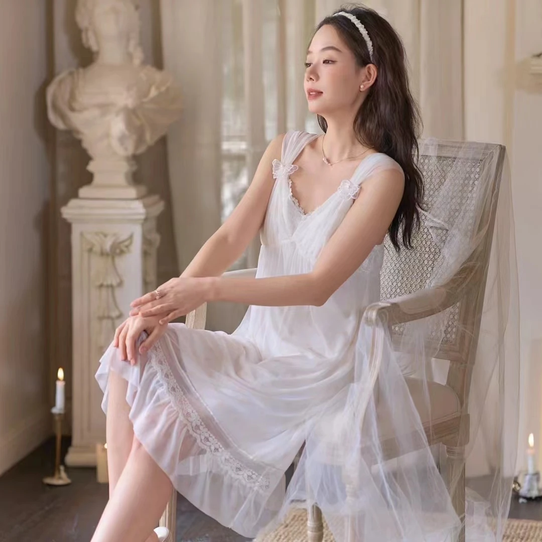 新款仙气白色睡裙蕾丝显瘦气质性感夏季复古夏天法式