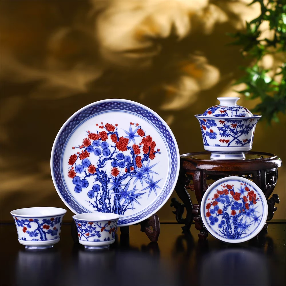 景德镇手工手作青花釉里红松竹梅岁寒三友陶瓷茶具套装（带礼盒）