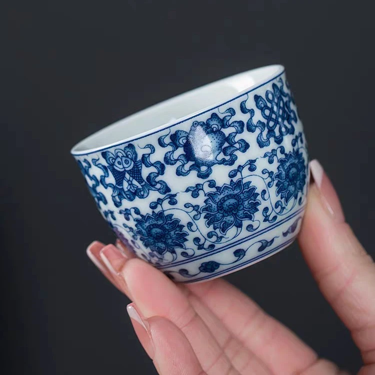 景德镇陶瓷手工手作青花八宝缠枝莲陶瓷客杯