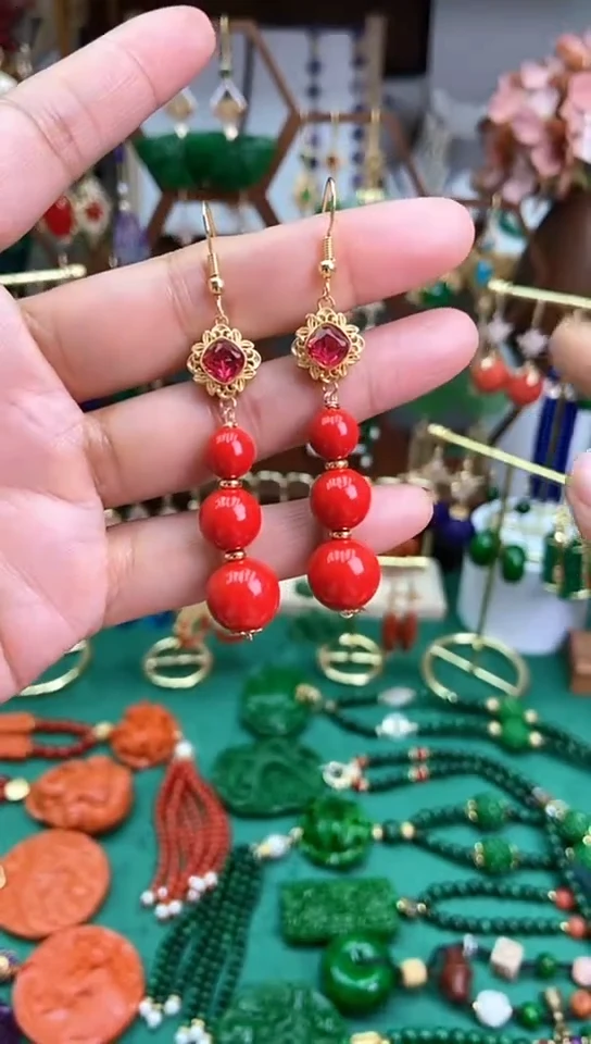 【闪购商品】玛瑙/玉髓耳饰合金红砂三珠红钻