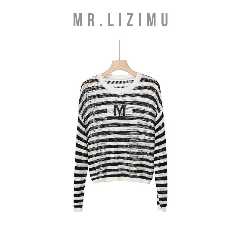 C7223针织设计长袖T恤黑白条纹撞色洋气百搭上衣女打底法式上衣