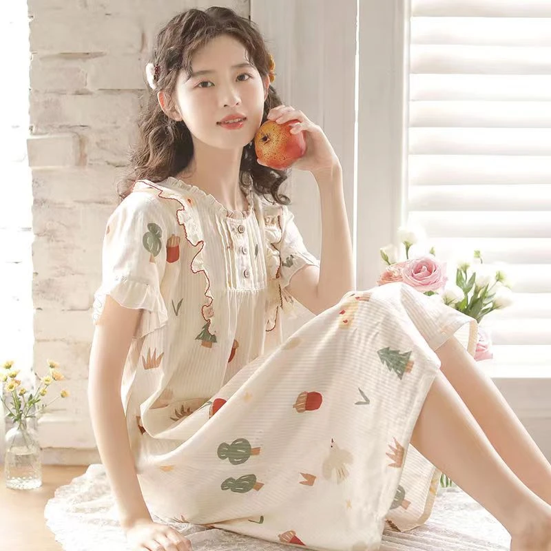 日系夏季短袖睡裙女甜美可爱卡通印花棉质纱布宽松过膝家居服裙子