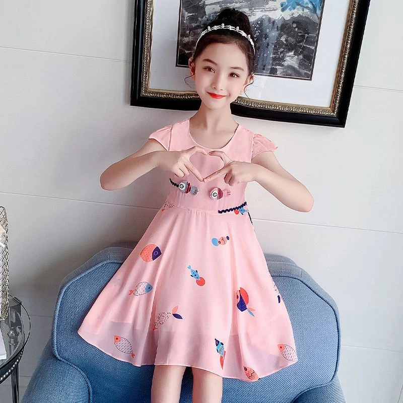 女童夏季雪纺连衣裙2024新款女大童韩版小女孩白色儿童网红公主裙