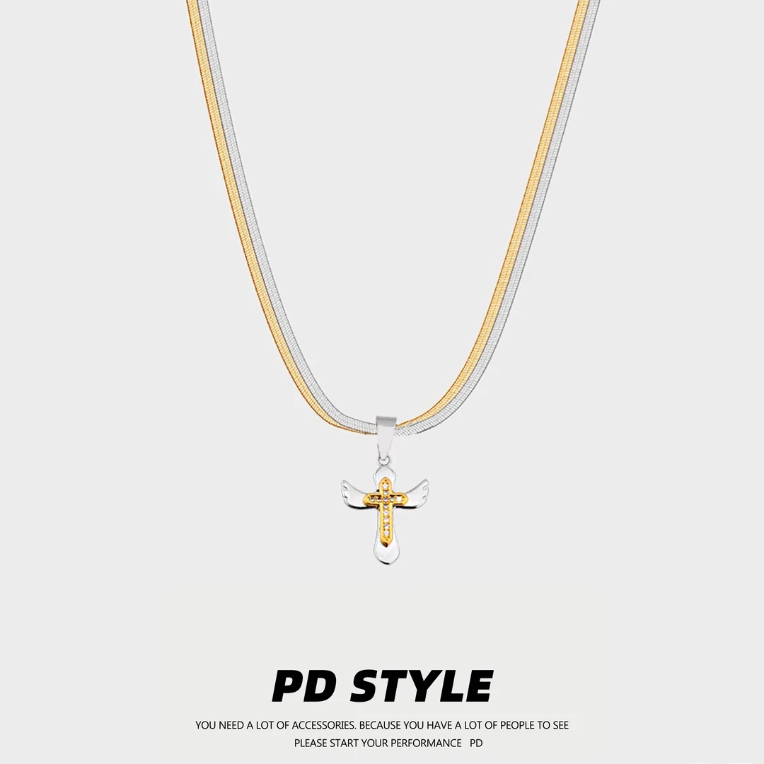 钛钢项链 PDSTYLE欧美风中性双层蛇骨救赎之翼十字架潮简约男女