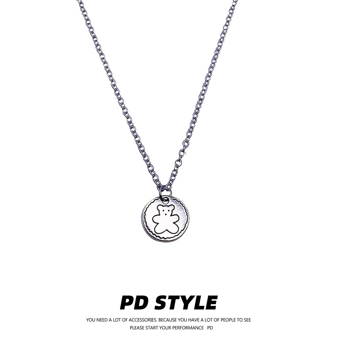 钛钢项链 PDSTYLE自制圆牌小熊复古吊坠男女嘻哈项链个性可爱礼物