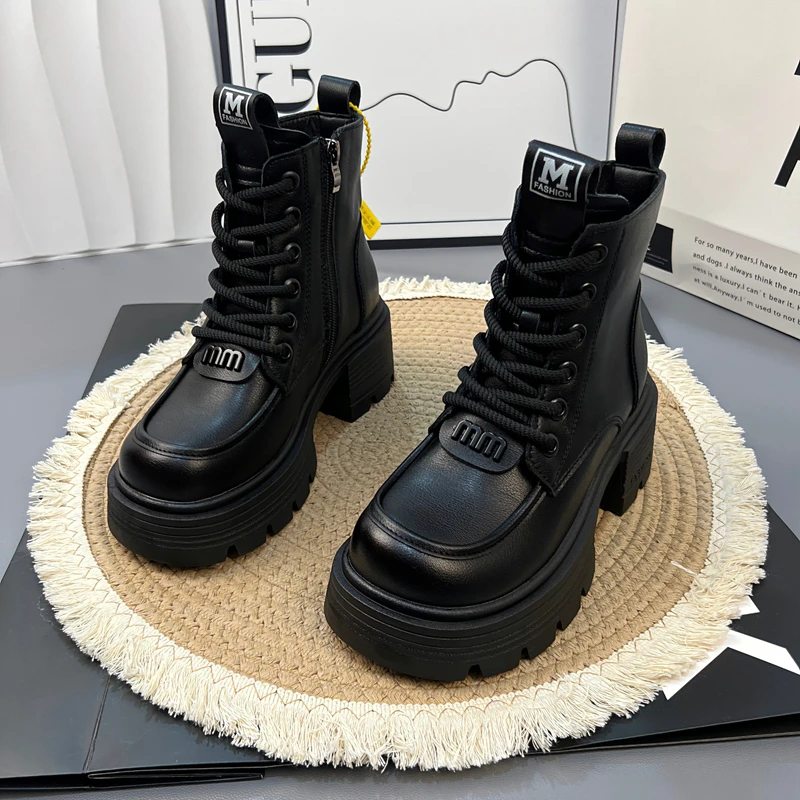 跟高7CM 软皮厚底马丁靴女款2024秋冬加绒新款英伦风爆款单靴短靴
