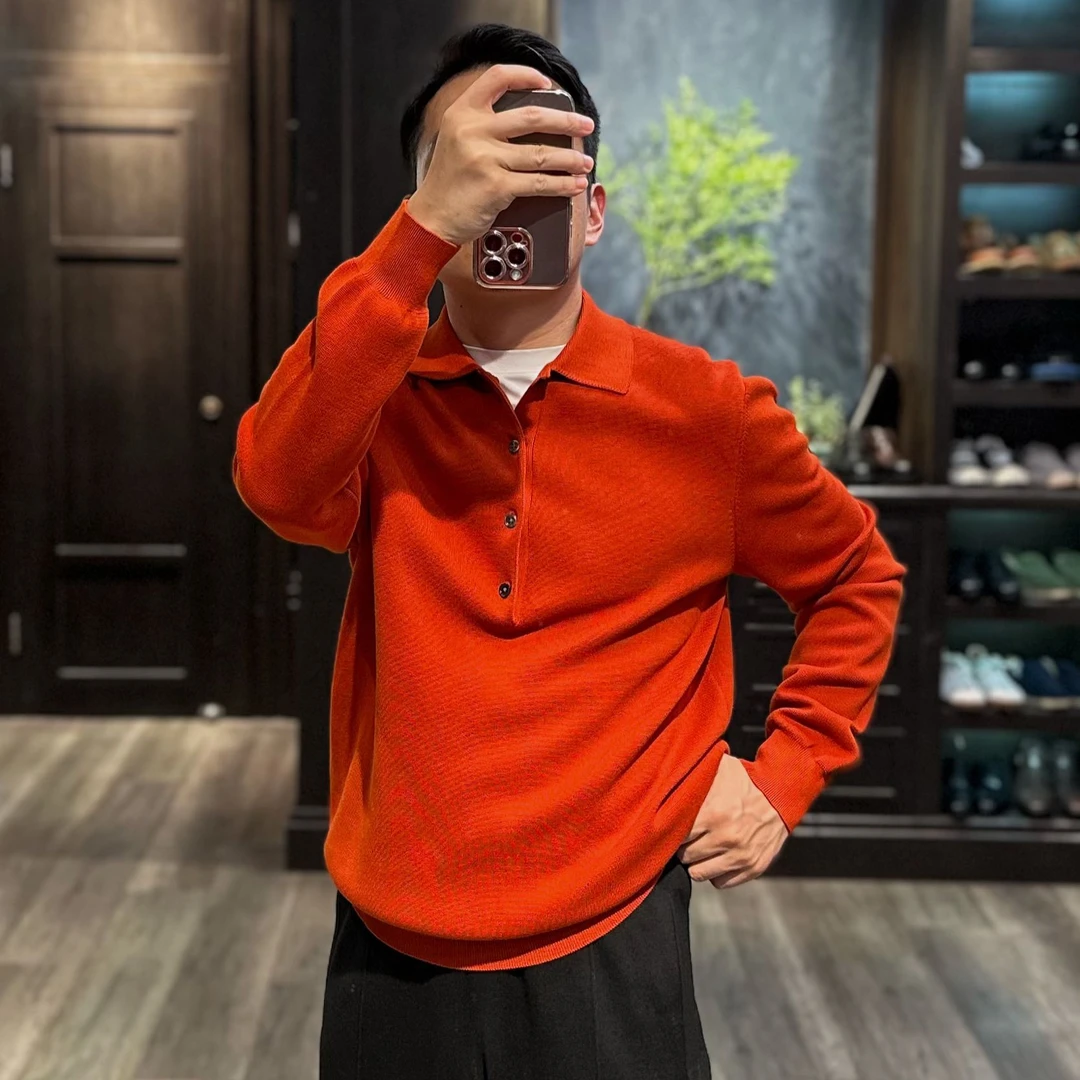 TAROCC男士微阔略宽松丝光长绒棉四粒扣长袖针织POLO衫（3011）