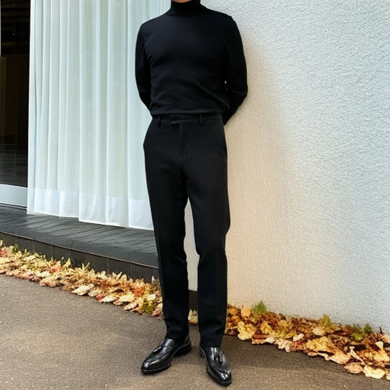 TAROCC秋冬时尚男士修身小直筒羊毛尼休闲西裤百搭简约黑色9908K