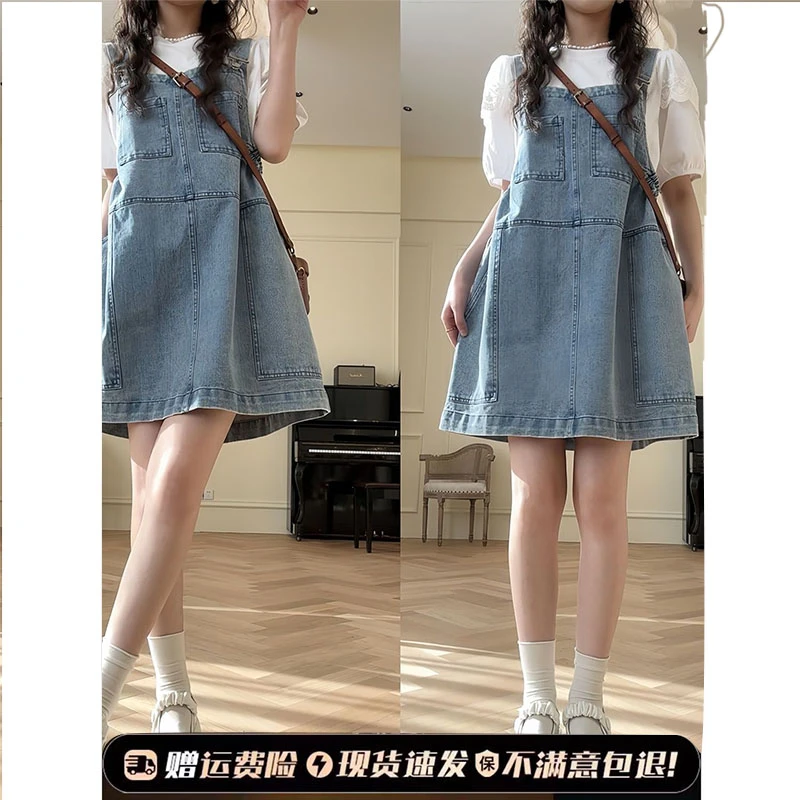 小个子减龄时尚韩版宽松休闲多口袋腰侧松紧可调节牛仔背带裙女夏